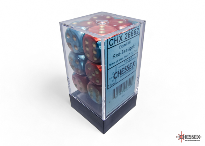Gemini Red-Teal/gold 16mm d6 Dice Block (12 dice) - CHX26662